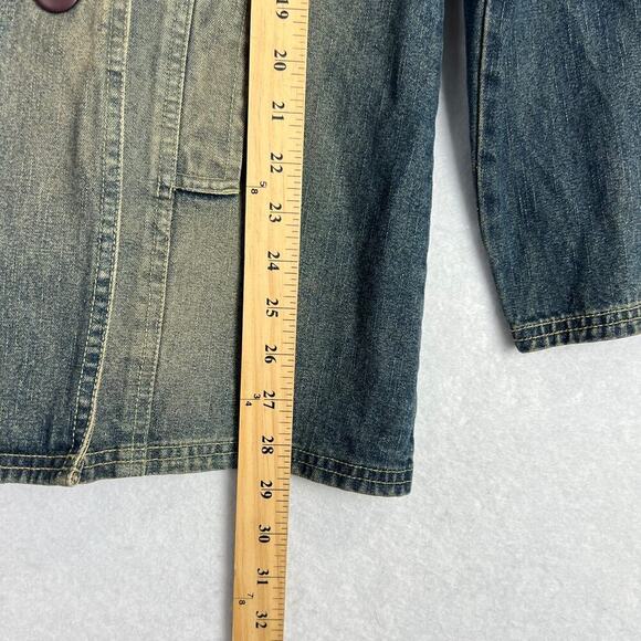 VTG 90s Xhilaration Double Breast Yellow Wash Distressed Denim Blazer Jacket M - Picture 9 of 9